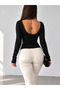 Women's Black Wide Collar Backless Lace Gupure Detail Long Sleeve Slim Fit Stylish Blouse Bg10009
