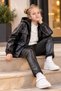 Girls' Hooded Leather Jacket and Leggings Two-Piece Set – Plush Lined Coat & Stretchy Skinny Pants - 7