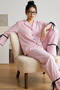 Pink and White Striped Patterned Piping and Slit Detail Soft Tuşe Winter Buttoned Knitted Pajama Set 8079 - 3