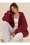 Women's Hooded Three-Thread Ribbed Zippered Balloon Sleeve Cardigan - 4