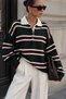 Striped Buttoned Polo Neck Knitwear Blouse - 3
