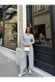 Women's Gray Crew Neck Blouse with Elastic Cuffs and Pants Two-Piece Set - 7
