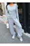 Women's Gray Crew Neck Blouse with Elastic Cuffs and Pants Two-Piece Set - 8