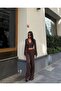 Women's Brown Double-Breasted Collar Elastic Waist Blouse and Pants Two-Piece Set - 5