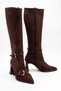Women's Brown Suede Boots, Pointed Toe Zippered Suede Boots with Vintage Buckle - 6