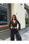 Women's Black Double-Breasted Collar Elastic Waist Blouse and Pants Two-Piece Set - 4
