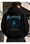 Street Style Mix Printed Hooded Oversized Black Sweatshirt with Pockets