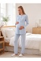 New Season Blue Jacquard Shawl Collar Winter Buttoned Breastfeeding-Friendly Design Long Sleeve Maternity Pajama Set - 3