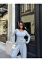 Women's Gray Crew Neck Blouse with Elastic Cuffs and Pants Two-Piece Set - 5