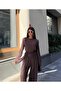 Women's Brown Waist Tie Detailed Crew Neck Blouse and Trousers Two-Piece Set - 3