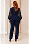 Women's Navy Blue Large Size Double Breasted Collar Chiffon Sleeves Gold Button Detailed Trousers Suit Hzl26S-Trv15061 - 2