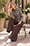 Women's Coffee Patterned High Collar Gold Button Stripe Detailed Jacket Trousers Double Set Hzl28W-Mth124811 - 3