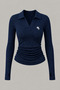 Polo Collar Embroidered Gathered Detail Zip-Up Blouse