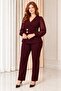 Women's Burgundy Plus Size Double Breasted Collar Chiffon Sleeves Gold Button Detailed Trousers Suit Hzl26S-Trv15061 - 4