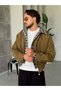 Plaid Collar Detailed Zippered Jacket t Khaki