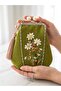 100% Hand Embroidered Vintage Khaki Linen Bag. Wildflower Themed .18X18 Cm, Lightweight Bag