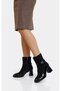 Black Suede Patent Leather Detailed Stone Buckle Thick Heeled Women's Boots