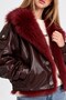 Girl's 9-14 Years Old Leather Coat with Fur Collar Detail, Burgundy - 3