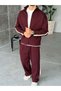 Knitted Stripe Detailed Zippered Suit Burgundy - 3