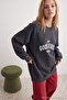 Anthracite Slogan Printed Washable Oversize/Wide Cut Raglan Sleeve Knitted Sweatshirt Twoaw27Sw00182