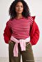 Kırmızı-Pembe Çizgili Regular/Normal Kalıp Basic Bisiklet Yaka Örme T-Shirt TBBAW26BF00003