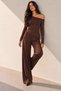 Blouse with an asymmetric neckline, long sleeves, and one shoulder exposed. Long pants with elastic waist. - 6