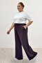 39000 Plus Size High Waist Elastic Combed Cotton Trousers - Brown - 2