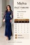 Women's Navy Blue Glittery Floral Embroidered Transparent Detailed Belted Front Maxi Long Sleeve Tulle Dress - 2