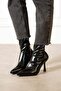 Marya Women's Black Stretch Wrinkled Patent Leather Pointed Toe Warm Lined Zippered 7 cm Thin Heeled Boots - 5