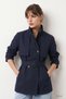 Belted Stand Collar Lined Navy Blue Short Trench Coat - 3