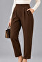 Women's Brown High Waist Double Button Carrot Cut Stretchy Crepe Fabric Pants - 4