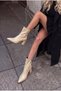 Women's Beige Crocodile Patterned Pointed Toe Zippered Heeled Boots - 2