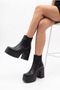 Women's Special Design Platform Heeled Double Elastic Black Chelsea Boots - 8
