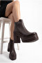 Women's Special Design Platform Heeled Cross Zipper Dark Brown Boots - 5