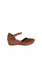 Women's Camel Genuine Leather Wedge Heeled Buckle Sandals with Perforated Closed Toe