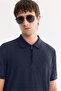 Men's Navy Blue Non-Curling Polo Collar Zippered Regular Fit T-Shirt A61Y1090 - 2