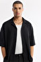 Men's Black Apaj Collar 100% Cotton Jacquard Short Sleeve Regular Fit Shirt A51Y2218 - 2