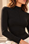 Women's Black Modal Rib Fabric Mock Neck Long Sleeve Blouse with Front Stitching Detail - 6