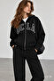 Joyce Black Hooded and Zippered Appliqued Fleece-Lined Standard Fit Women's Sweatshirt