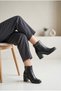 Women's Leather Textured Minimal Buckle Detailed Thick Block Heeled Zippered Stylish Boots