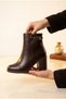 Women's Leather Textured Minimal Buckle Detailed Thick Block Heeled Zippered Stylish Boots - 3