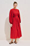 Red Dress with Ribbed Details and Wide Sleeves - 7