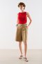 Belted Detailed Pleated Bermuda Pants Camel - 3