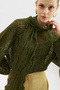 Lace-Like Knit Sweater with Binding Collar Green