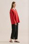 Poplin Wide Sleeves V-Neck Shirt Red - 3