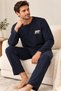 Men's Embroidered Navy Blue Long Sleeve Combed Cotton Fabric Seasonal Pajama Set - 7