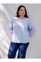 Vizyon New Season Blue Plus Size Crew Neck Embroidered Blouse