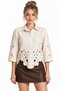 Beige Laser Cut Embroidered Three Quarter Sleeve Asymmetrical Shirt