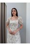 Square Neck Balloon Sleeve Embroidered Dress - 2