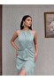 Water Green Waist Tie Slit Dress - 3